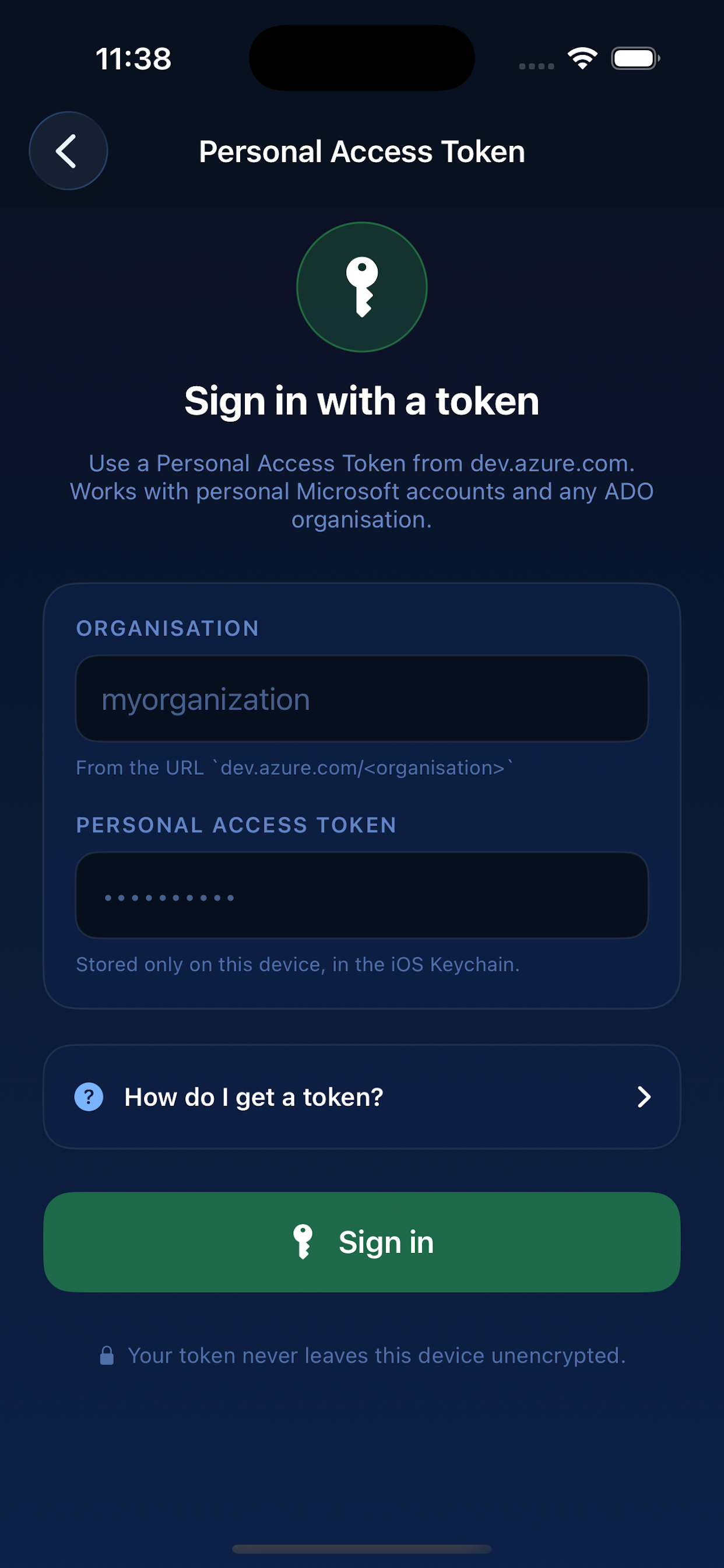 Sign in with Personal Access Token